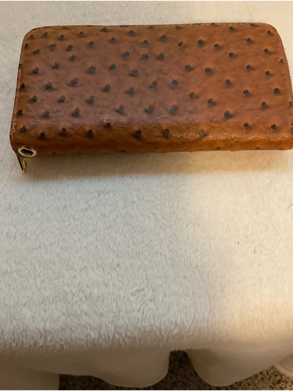 Brown Ostrich-Texture Zip Around Wristlet Clutch